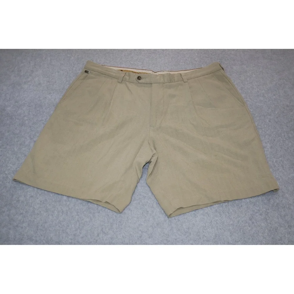 Tommy Bahama Shorts Mens 38 Tan Silk Cotton Pleated Herringbone Casual Hawaiian